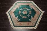 Square Emerald, Tan, Taupe Color Hand Knotted Aubusson Savonnerrie Wool Traditional Oriental Rug